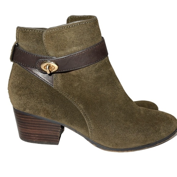 COACH Women's Ankle Boots 8.5B Chestnut Suede Block Heel Side Zip Buckle Detail - Picture 1 of 11